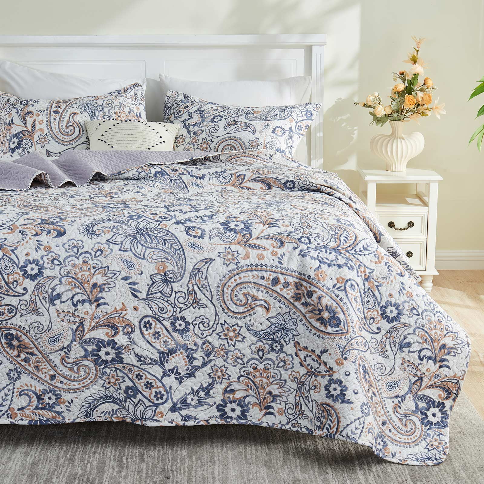 Gogreen Luxury Printed Quilt Set Twin Size, Lightweight Comforter Set, Oversized Bedspread Coverlet Quilted Bedding Set, with 2 Matching Pillowcases, for All Season