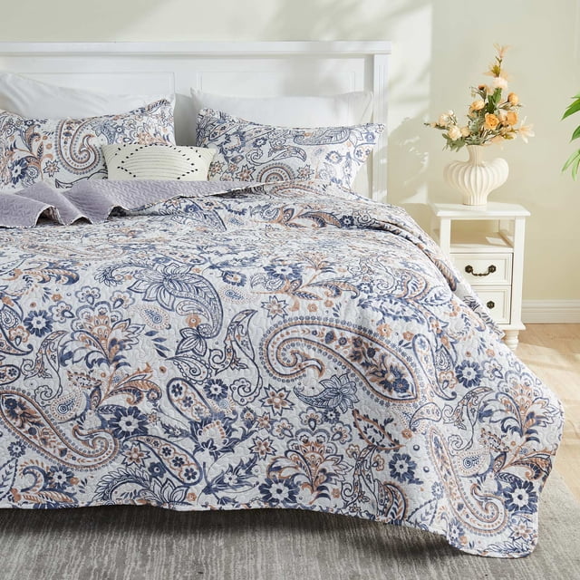 Gogreen Luxury Printed Quilt Set Queen Size, Lightweight Comforter Set, Oversized Bedspread Coverlet Quilted Bedding Set, with 2 Matching Pillowcases, for All Season