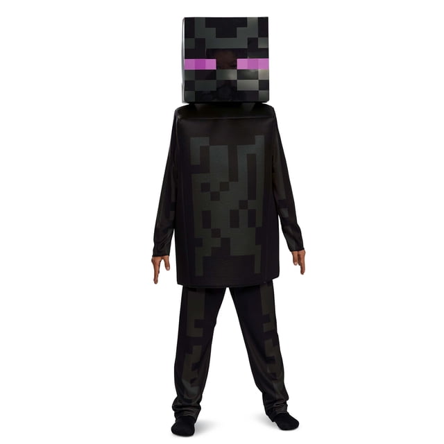 Enderman Minecraft Child Deluxe Costume featuring a multicolour pixelated design. The costume includes a blocky Enderman headpiece with purple eyes and a matching black outfit with pixelated patterns, inspired by the Minecraft video game. Suitable for boys' Halloween costumes and dress-up occasions.