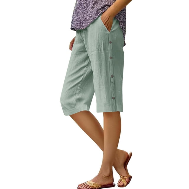 BLVB Linen Shorts for Women High Waisted Lightweight Bermuda Shorts Side Button Short Beach Vacation Outfits Pockets
