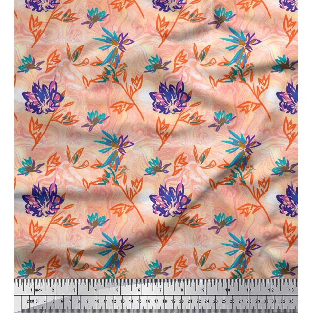 Soimoi Poly Georgette Fabric Leaves & Floral Hand Drawn Decor Fabric Printed Yard 52 Inch Wide