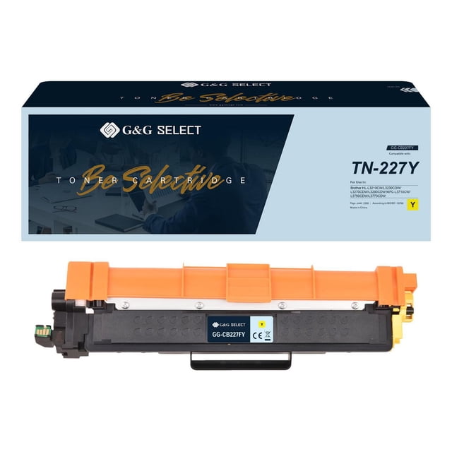 G&G Select Brother TN-227 High Yield Remanufactured Yellow Toner Cartridge with black body and orange cover, labeled GG-CB227FY. Packaged in a box showing model TN-227Y and compatibility with Brother printers, designed for high-yield, cost-effective printing supplies.