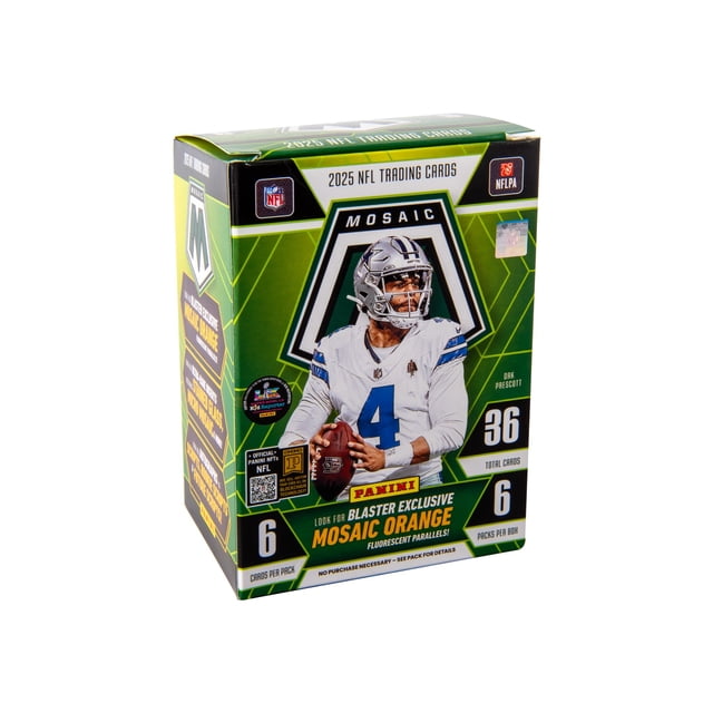 Boîte Blaster de Cartes à Échanger de Football en Mosaïque Panini 2025 avec Emballage Vert et Noir Mettant en Vedette un Joueur des Dallas Cowboys en Chandail Blanc Tenant un Ballon de Football, Contenant 6 Cartes par Paquet et 6 Paquets par Boîte pour un total de 36 Cartes, Incluant des Parallèles Exclusifs Blaster en Mosaïque Orange Fluorescente et des Parallèles Autographes « chase-worthy ».