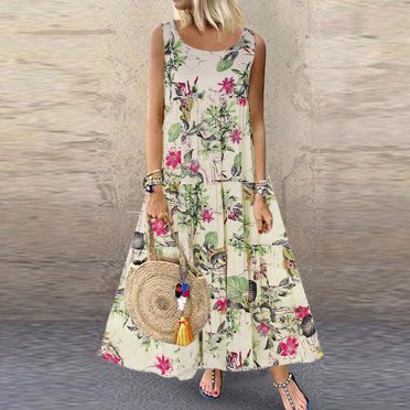 EGNMCR Holiday Dresses for Women Fashion Women Summer Casual Print Round-Neck Sleeveless Vest Long Dress