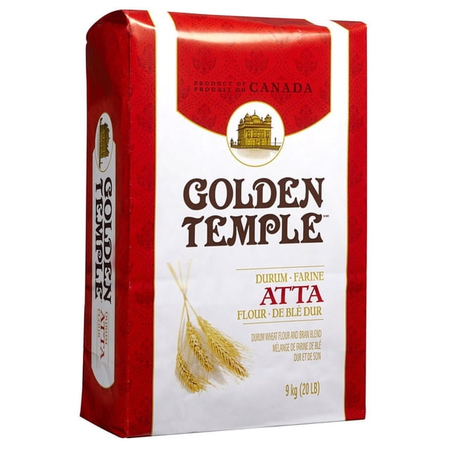 Golden Temple Durum Atta Flour Blend 9kg bag with red and white packaging featuring wheat stalks and the Golden Temple logo, product of Canada. This durum wheat flour and bran blend is ideal for making rotis that puff perfectly and other light-textured breads, suitable for daily use.