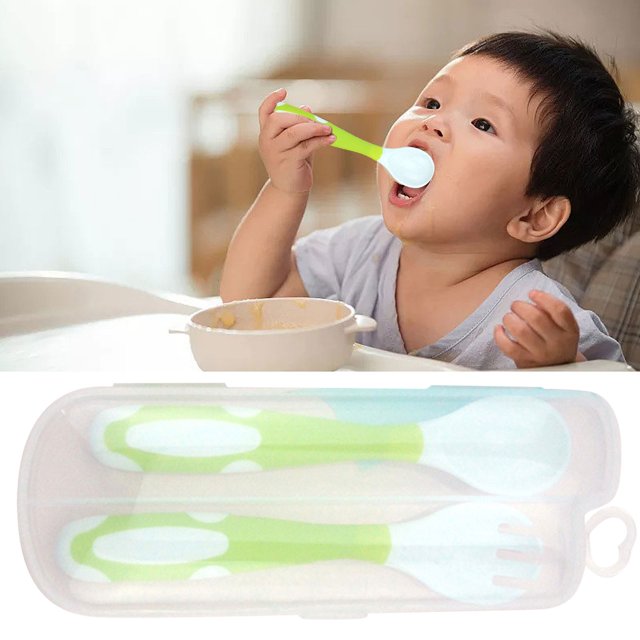 Oleegame 1PC Stainless Steel Cutlery Set Baby Spoon And Fork Set Travel Case Bendable & Non Slip Handle Baby Training Spoon With Storage Box Portable Baby Tableware For Babies Infants Toddlers