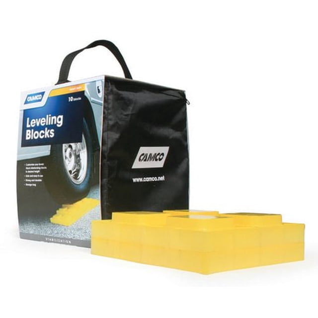 Camco 44505 Blocs de Nivellement pour VR, Lot de 10, Comprenant des Blocs en Plastique Jaunes Durables Emboîtables Empilés à Côté d'Un Sac de Rangement Noir à Fermeture Éclair avec le logo Camco, Conçus pour Stabiliser et Niveller les Roues de VR, des Crics Hydrauliques et de Stabilisation.