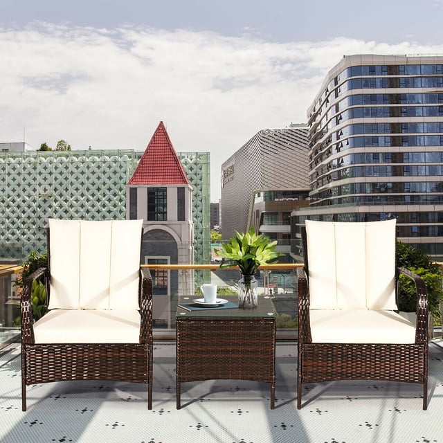 Costway 3 PCS Patio Wicker Rattan Furniture Set Coffee Table & 2 Rattan Chair W/Cushions