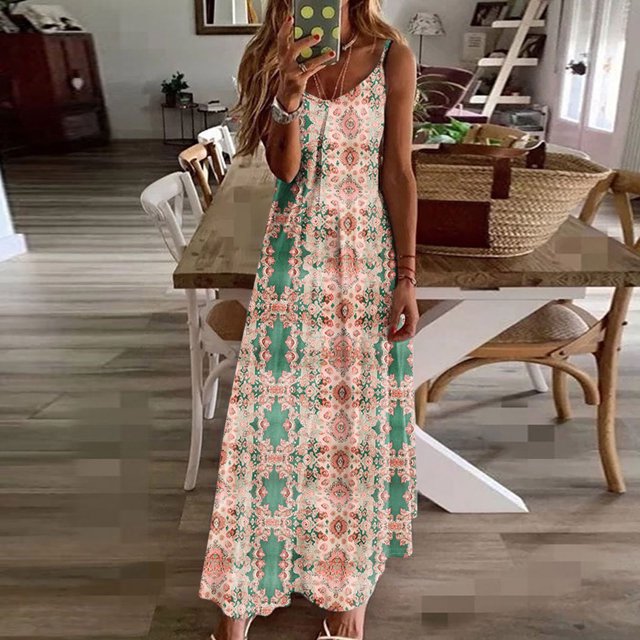 Ovzne Robes Grande Taille pour Femmes Rondes Robe de Plage Robes d'Été pour Femmes Imprimé Sans Manches Col Rond Robe Décontractée Longues Robes Robe de Printemps Imprimée Liquidation