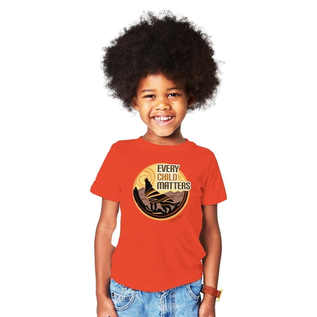 Indigenous Proud Kids Every Child Matters Tee - English front-facing kids crew-neck short-sleeve tee with front orange 'Every Child Matters' graphic and stylized feather art by Mi’kmaw artist Natasha Root, 60% cotton/40% polyester straight-hem shirt often worn at awareness events.