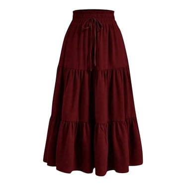 Amzcrzy Jupes pour Femmes Décontractées Jupe Longue Unie Tendance Taille Élastique à Cordon Jupes Longues pour Femmes Plissée à Étages Fluide Jupes d'Été