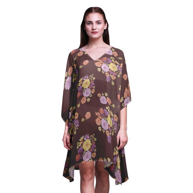 Bimba Fleur Femmes Court BeachKaftanBeachwear Bikini Couvre-Maillot Robe Midi-4x-5x Brun