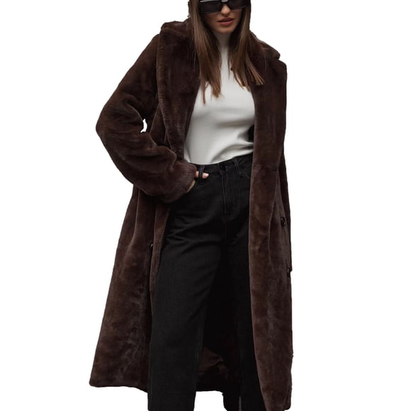Mceream Womens Faux Fur Coat with Belt Winter Fuzzy Fleece Open Front Long Cardigan Jacket Teddy Coats Plus Size Outwear Abrigos Elegantes Para Mujer Coffee L
