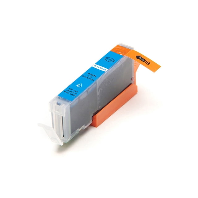 L-ink Compatible Canon CLI-271XL Cyan Ink Cartridge shown at a 3/4 angle with a transparent plastic body and blue label indicating cyan ink. It features an orange pull tab and protective clip, compatible with Canon MG series printers, delivering clear, crisp prints with a 715-page yield.