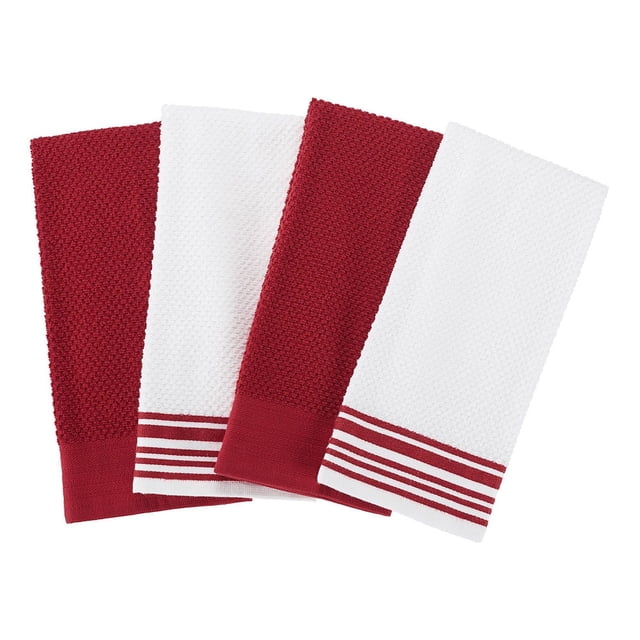 Mainstays 4-Pack 16x26 woven kitchen towel set in Red Sedona includes two solid red towels and two white towels with red stripes, made from soft, absorbent cotton with textured weave, ideal for kitchen linens and dishcloth use.