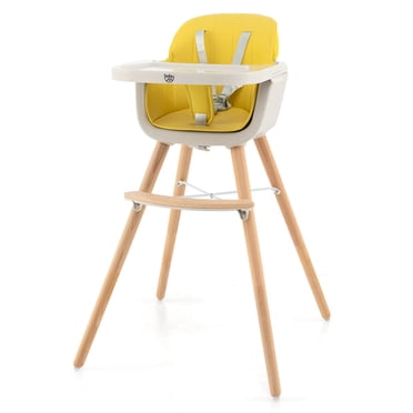 Babyjoy Chaise Haute en Bois 3 en 1 Convertible pour Bébé et Tout-Petit avec Coussin Jaune
