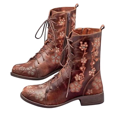 Jsaierl Women's Combat Boots Lace Up Embroidered Boots For Women Western Cowboy Ankle Booties Fashion Low Chunky Block Heel Pointed Toe Fall Heeled Booties Shoes