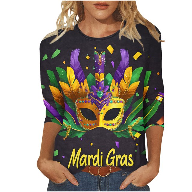Penkiiy Blouse Carnaval pour Femmes Mardi Gras Mode Imprimée Décontractée Col Rond Manches 3/4 T-shirt Blouse 3TG Multicolore