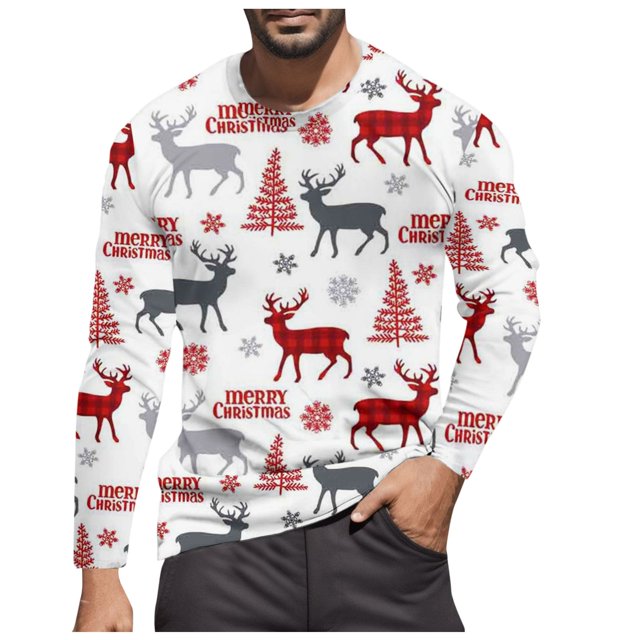 LUOGENLI T-shirts pour Homme pour Hommes Noël T-Shirt Décontracté de Mode Festival à Manches Longues à Col Rond T-Shirt T-shirts pour Hommes T-shirts Graphiques T-shirts de la Saint-Patrick pour Homme T-Shirt Graphique Saint-Valentin Blanc G