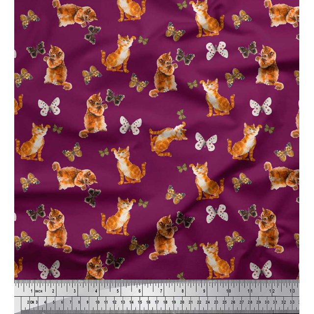 Soimoi Pink Cotton Cambric Fabric Insect & Cat Animal Print Fabric by The Yard 42 Inch Wide