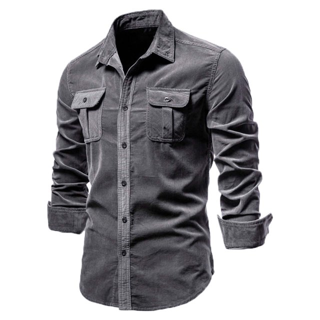 Mikilon Chemise Blouse Décontractée pour Homme en Velours Côtelé de Coton à Manches Longues, Coupe Ajustée, Col Rabattu