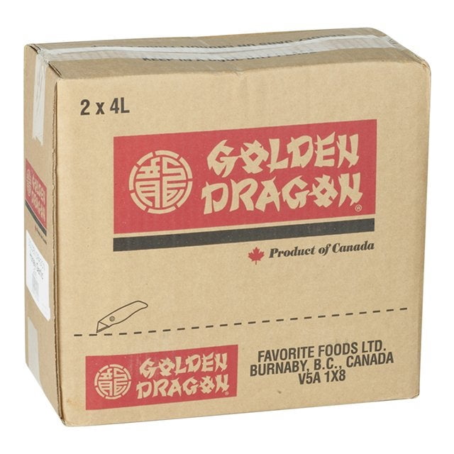 Golden Dragon Honey Garlic Sauce, bulk case with two 4L units, featuring red branding and 'Product of Canada' text on the cardboard box. Suitable for marinades, stir-frying, dipping, or seasoning dishes. Perfect for bulk pantry storage.