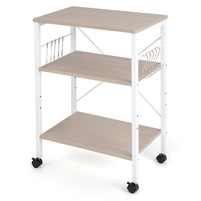 3-Layer Microwave Stand Bakers Rack, Kitchen Rolling Cart with 4 Universal Wheels and 10 Removable Hooks, featuring a maple wood finish and white metal frame. This kitchen storage organizer includes three adjustable tiers for versatile storage, hooks for hanging kitchenware, and lockable wheels for mobility and stability. Ideal for kitchens, living rooms, or entryways.