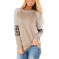 thumbnail image 1 of Women's Long Sleeve Leopard Print Color Block Tunic Round Neck Striped Shirts Casual Blouses Tops, 1 of 6