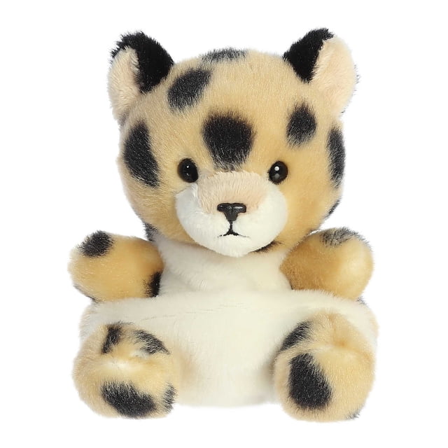 Aurora Palm Pals - Chutney Cheetah 5-inch plush toy featuring a soft, fluffy texture with a tan and black spotted design. This compact stuffed animal has bean pellets for added stability and is suitable for all ages. The cheetah is shown in a seated position with a friendly expression, making it an ideal companion for play or display.