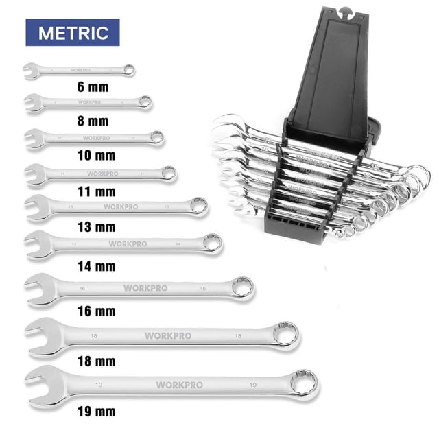 WorkPro Metric Combination Wrench Set - 9 Piece with sizes 6 mm to 19 mm, forged chrome-plated steel wrenches featuring open and 12-point box ends, displayed both flat and in a black plastic organizer, suitable for home and garden maintenance.