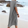 thumbnail image 4 of yoeyez Robes en Coton et Lin pour Femmes pour l'Été, Robes Unies à Col Rond pour Dames, Coupe Ample, Manches Courtes, Robe Midi Décontractée de Plage Évasée Gris, G, 4 of 7