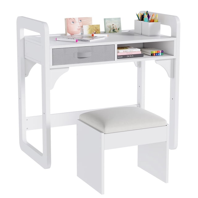 BeesClover Wooden Study Desk & Chair Set, Writing Table with Spacious Fabric Drawers & Built-In Pen Holder for Organized Learning