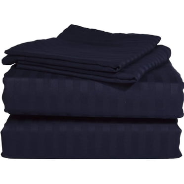 Fitted Sheet Navy Blue Stripe 100 Percent Cotton Super Soft 1-Piece Fitted Sheet with 10" Inches Pocket Fitted Sheet 450TC (Twin-XL, Navy Blue)