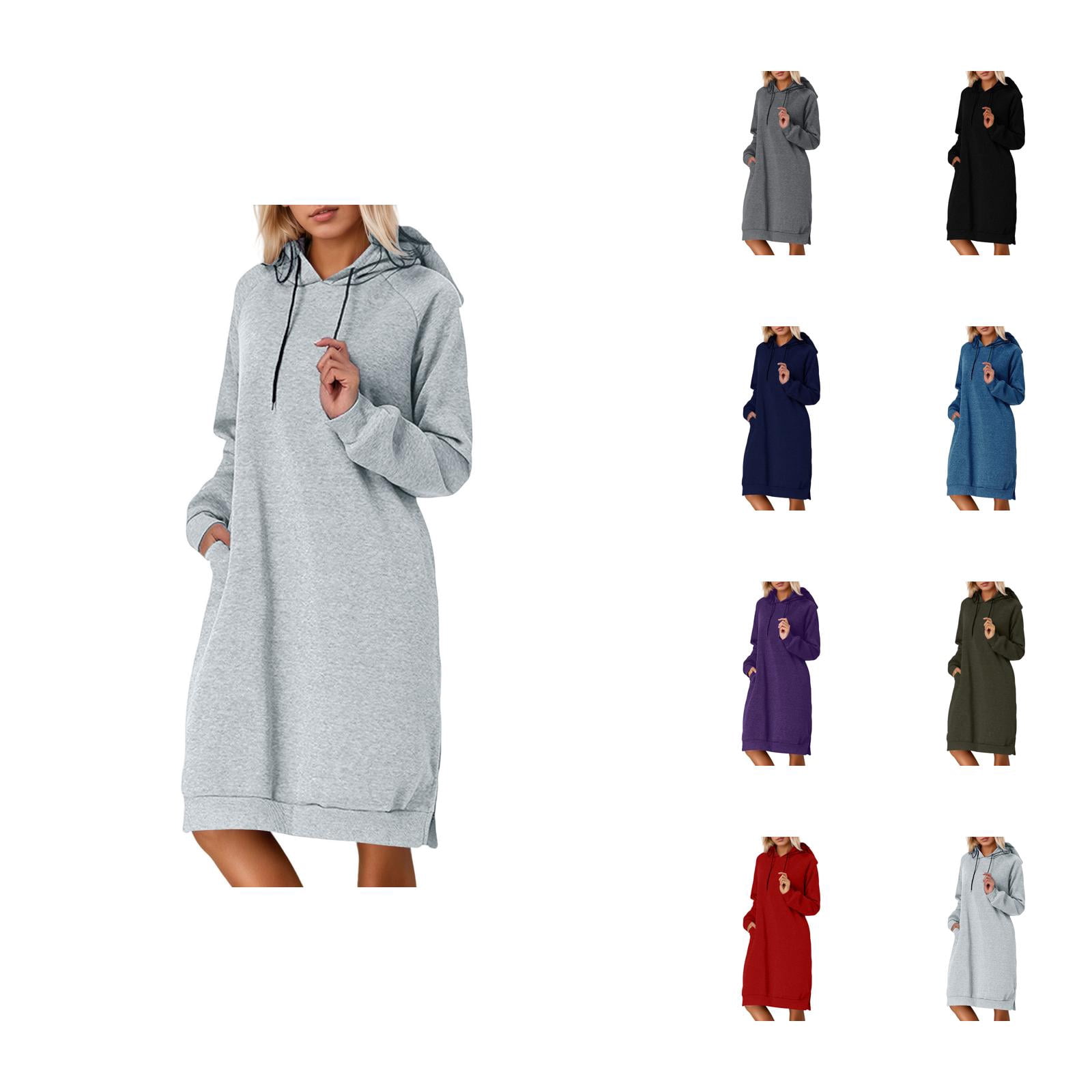 Longs Chandails à Capuchon pour Femmes 2025 Manches Longues Ourlet Fendu Robe à Capuchon Unie avec Poches Chandail à Capuchon pour Femmes