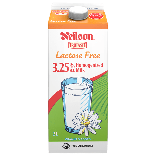 Neilson TruTaste carton de Lait Homogénéisé Sans Lactose 3,25 % avec Dessus Blanc et orange et Bouchon à Vis Gris. l'Avant Montre un Verre de Lait avec un Fond Blanc de Marguerites, Vert et Rouge, Vitamine D Ajoutée, volume de 2 L et Lait 100 % Canadien, Idéal pour l'Intolérance au Lactose.