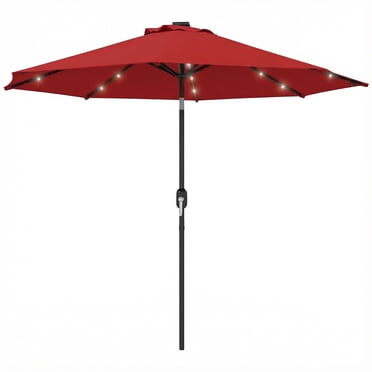 Outsunny 9ft Solar Patio Umbrella with LED Lights Tilt Canopy, Wine Red