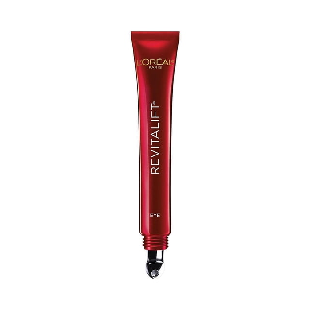 L'Oreal Paris Revitalift Triple Power Eye Cream with Hyaluronic Acid in a red tube with a metallic applicator tip, formulated for intensive anti-aging care to repair wrinkles, smooth undereye bags, and lift the eye area, suitable as an eye moisturizer in skincare routines.