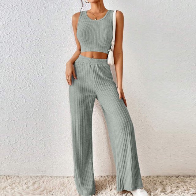 Meichang Womens Ribbed Kniited Outfits Solid Color Lounge Sets Slim Fit Sleeveless Tank Tops and Elastic Waisted Wide Leg Pants Sets