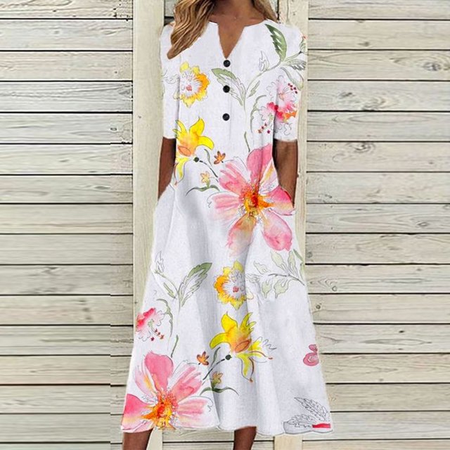 Pisexur Robe à Manches Courtes Col en V Hauteur Genou Mode Femmes Été Imprimé Décontracté Col en V Boutons Manches Courtes Vacances Poches Robe Femmes