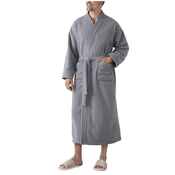 Mens Terry Cloth Kimono Robe Lightweight Soft Long Bathrobe Sleepwear Loungewear with Pockets