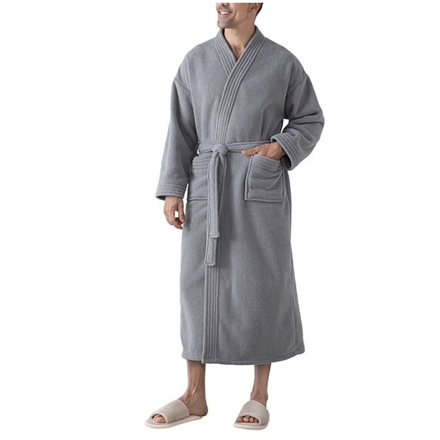 Besolor Mens Womens Robes Long Plush Soft Warm Winter Fleece Belted Bathrobe in grey, featuring a long design with a belted waist, two front pockets, and a cozy fleece texture. Ideal as a house robe or winter loungewear, providing comfort and warmth for lounging or sleeping.