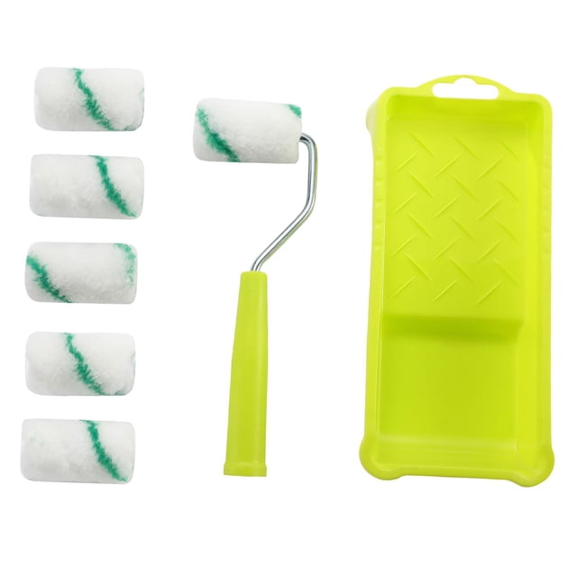 jifeng Mini Paint Rollers Compact Paint Roller with Tray for Door Cabinet Paintwork 8 set Green