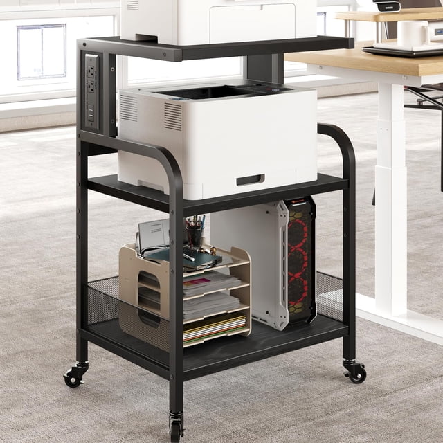 Ourlova Printer Stand with Storage Shelf Printer Cart Large Printer Table with USB Charging Ports and Power Outlets 3 Tier Mobile Office Printer Stand with Wheels Printer Tables for Small Spaces Black