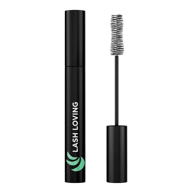 Marcelle Lash Loving Volume & Care Mascara with black tube and open applicator showing hourglass-shaped fibre brush for even, buildable application, enriched with argan oil, peptides, and vitamin B to nourish and strengthen lashes.