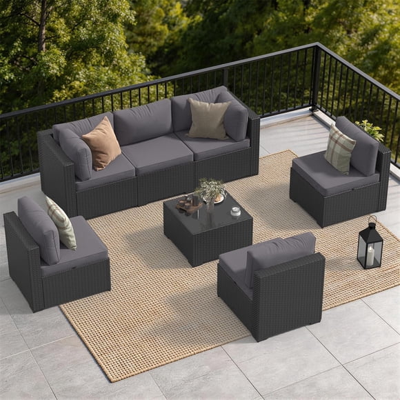 Dateyes 7-Piece Patio Furniture Set, All-Weather Wicker Rattan Outdoor Sectional Sofa Set with Coffee Table (Dark Grey)