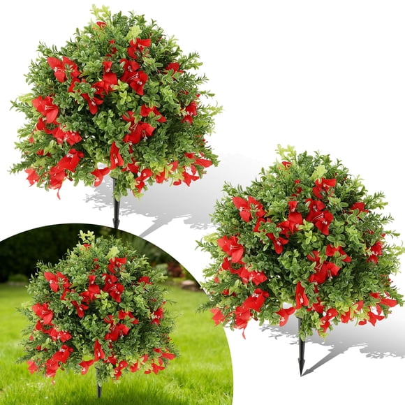 BeesClover Ensemble de 2 Arbres Boules de Buis Factices de 2 Pieds avec Bougainvillier Rose, Arbustes Résistants aux UV avec Piquets de Sol pour Déco Intérieure/extérieure