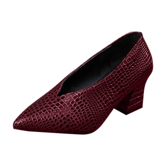 Red Womens Pumps Solid Leather Textured Pointed Toe Chunky High Heel Comfortable Non-Slip Durable All Season Casual Footwear Size 36