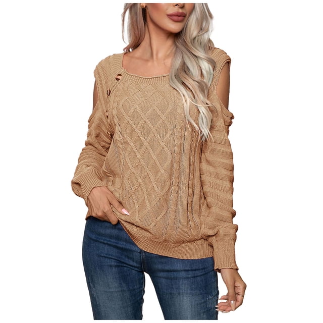 Yuyuzo Womens Crewneck Tops Long Sleeve off Shoulders Button Knit Pullover Solid Color Fall Tops