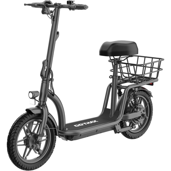 Gotrax Trottinette Électrique pour Adultes avec Siège, Moteur de Pointe 500W, Autonomie jusqu'à 40 km, Vitesse Maximale de 25–31 km/h, Pneus Pneumatiques de 14 Pouces, Double Suspension, Siège et Plateau Larges avec Panier de Transport, Noir