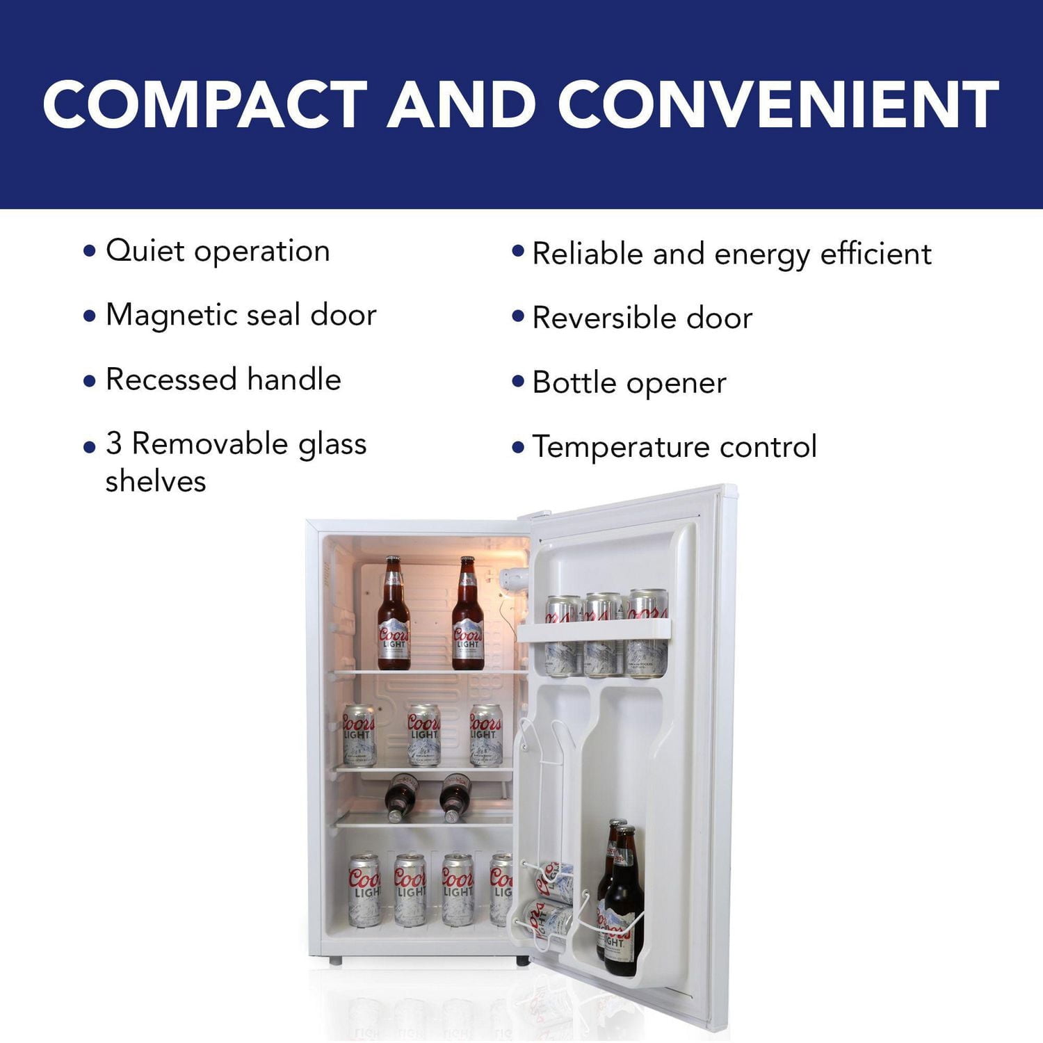 Coors Light Réfrigérateur compact de 3,2 pi³ avec ouvre-bouteille intégré, mini refroidisseur de boissons, blanc